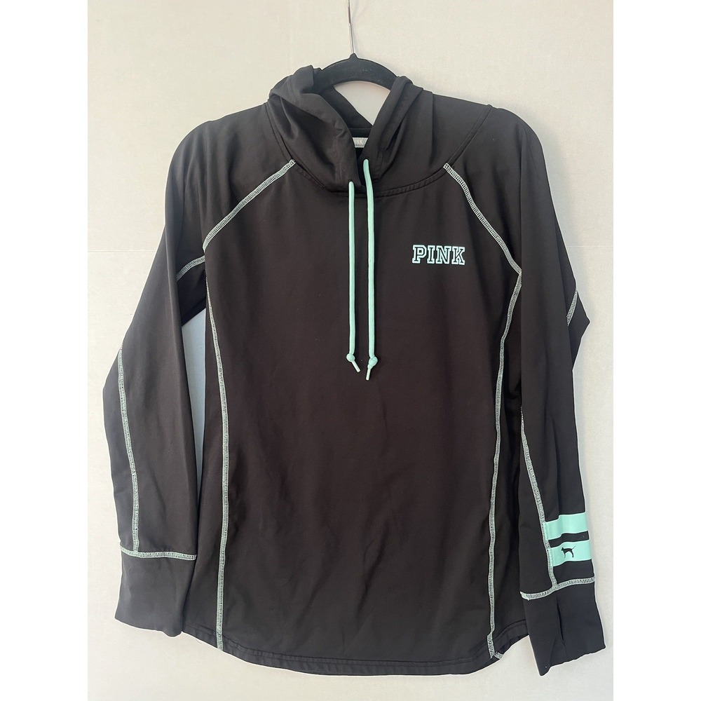 PINK Victoria Secret Ultimate Hoodie Jacket Top Dog Logo Thumb Hole Black Aqua L